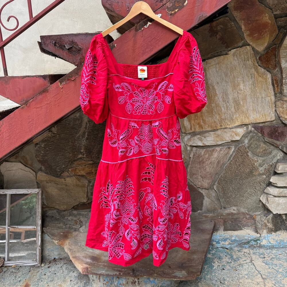 FARM Rio Palm Tree Richilieu Midi Dress Puff Sleeve Square Neck Medium Red Large